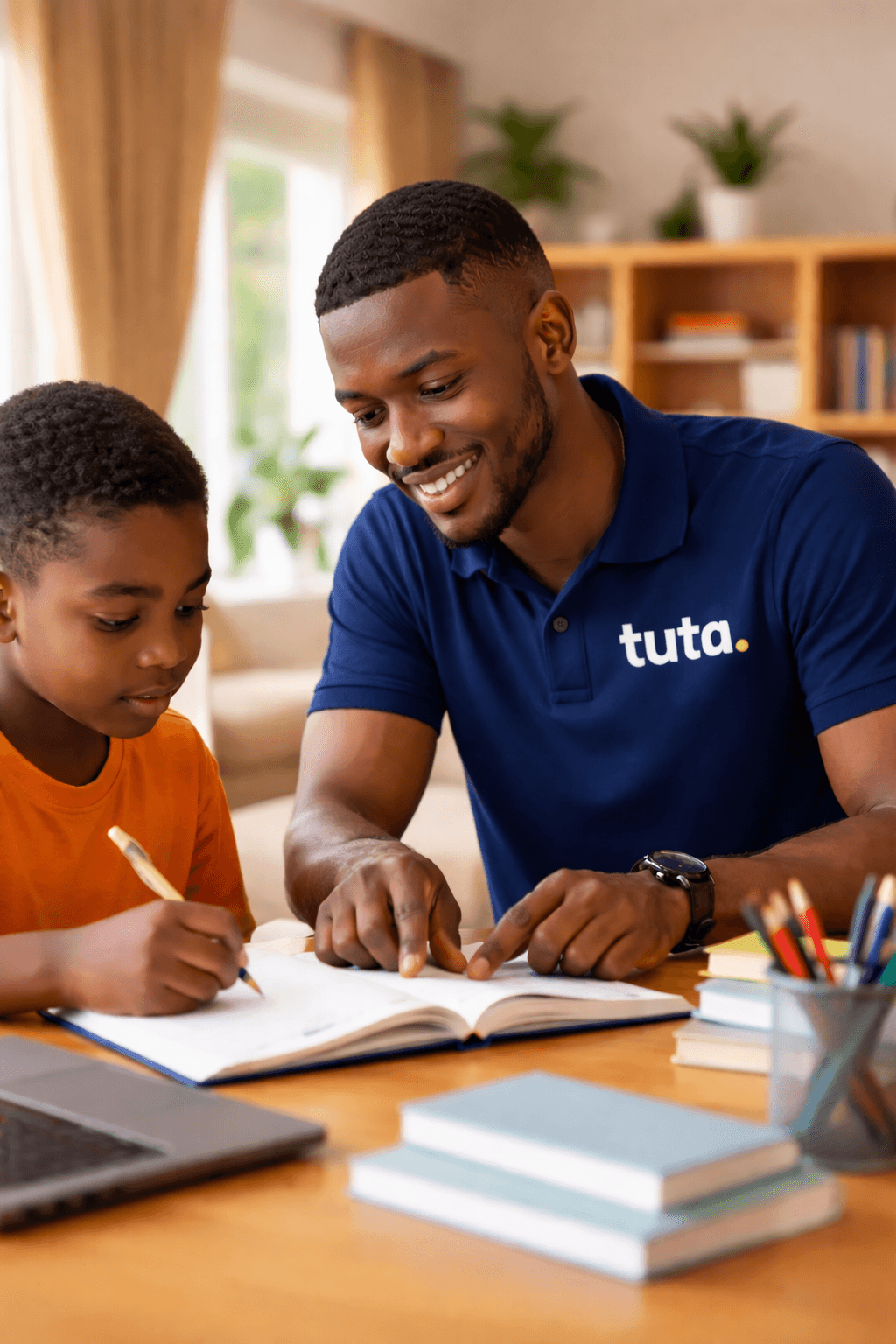 A tuta. tutor working with excited students
